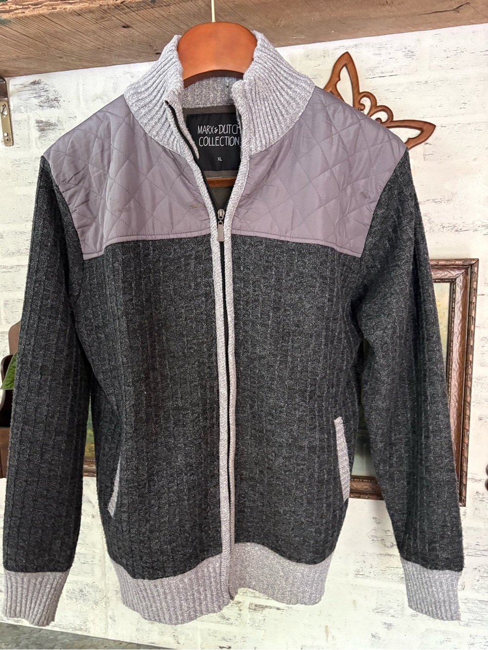 Charcoal Gray Quilted Yoke Zip-Up Sweater